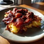 Zbliżenie na placki ziemniaczane po węgiersku polane gęstym, ciemnym sosem.