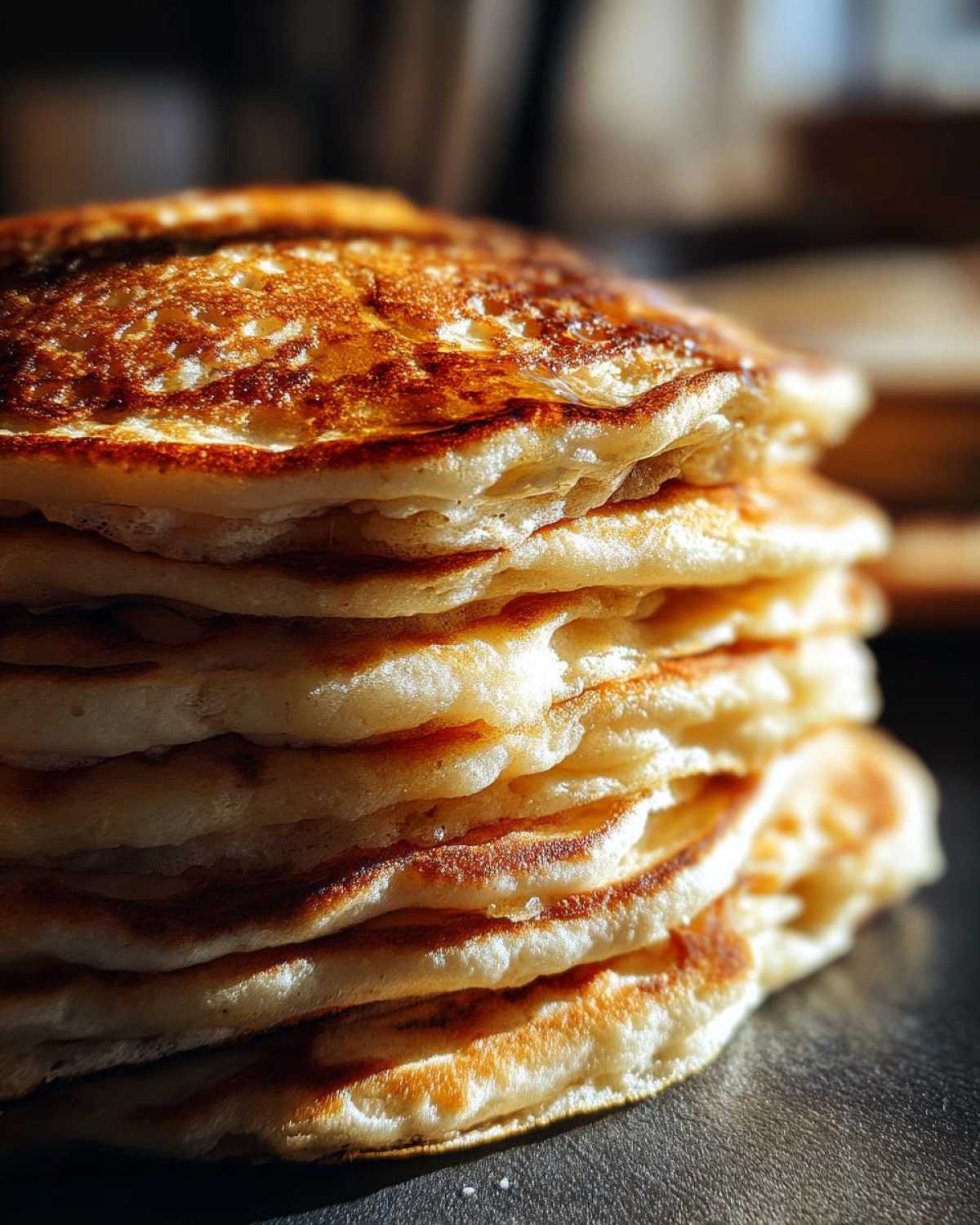 Zbliżenie na stos puszystych placuszków bananowych, złocistych i apetycznych.