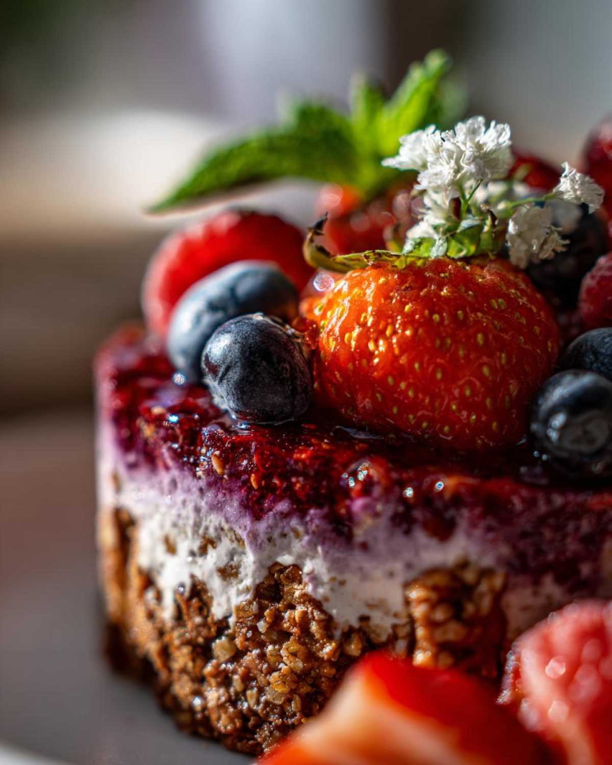 Zbliżenie na pudding chia z owocami, z truskawkami, borówkami i miętą.