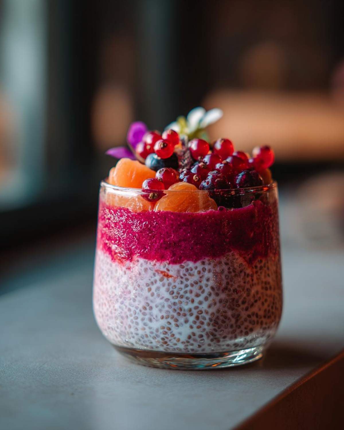 Pudding chia z owocami: warstwy nasion chia, purée z owoców leśnych i świeże owoce na wierzchu.