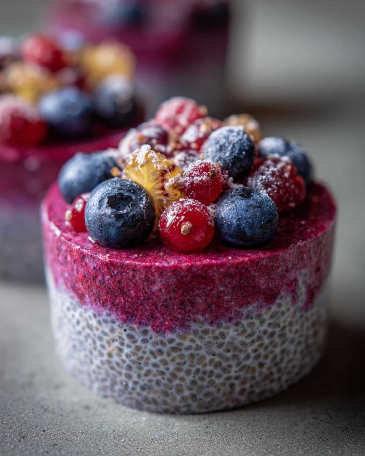 Zbliżenie na pudding chia z owocami, z jagodami i porzeczkami na wierzchu.