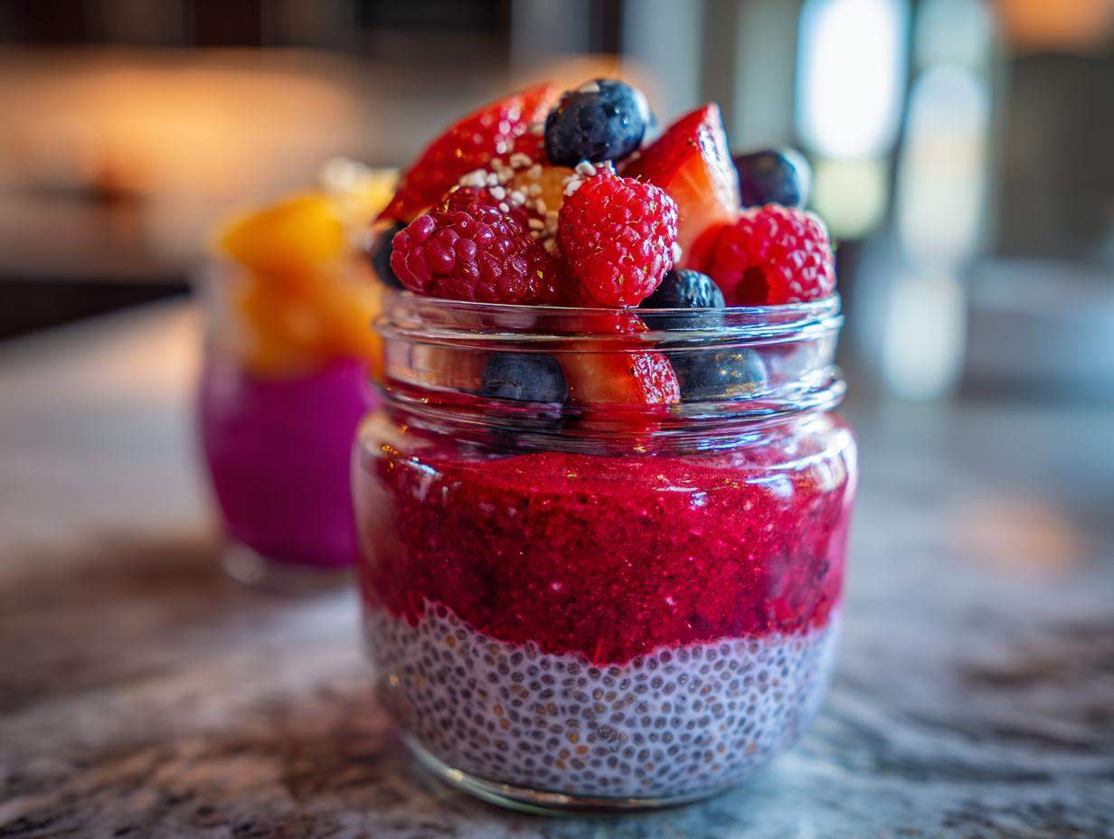 Pudding chia z owocami: maliny, borówki i truskawki na wierzchu, w szklanym słoiku.