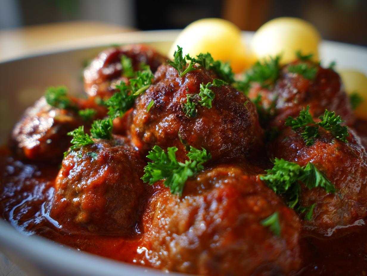 Zbliżenie na pyszne pulpety w sosie pomidorowym, udekorowane świeżą natką pietruszki.
