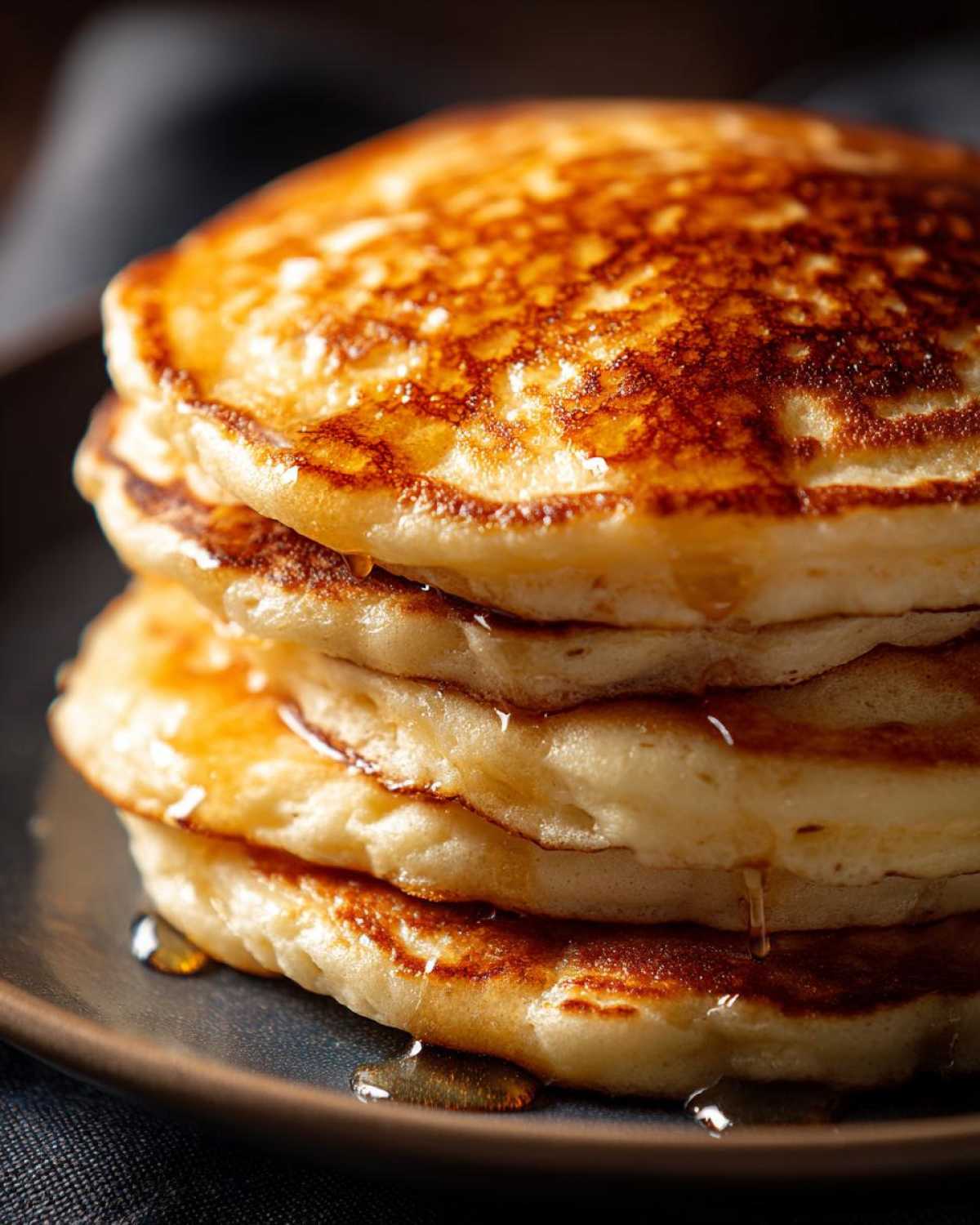 Stos puszystych pancakes amerykańskich polanych syropem na ciemnym talerzu.