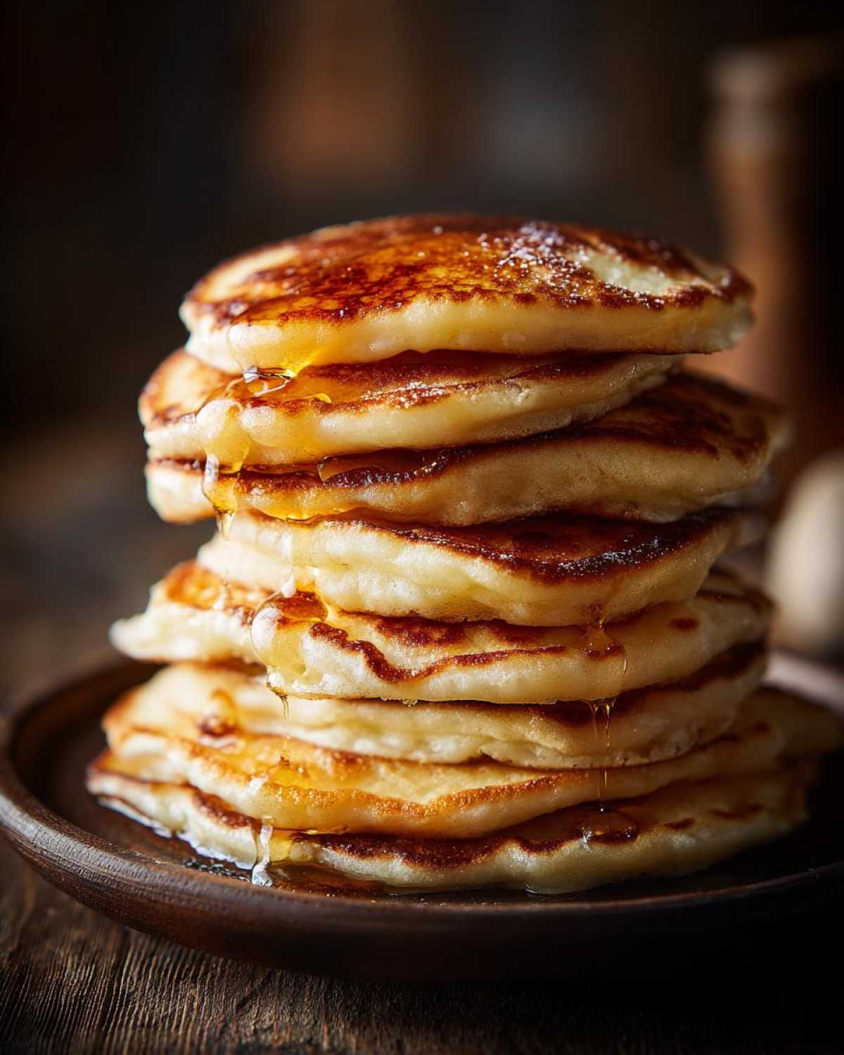 Stos puszystych pancakes amerykańskich polanych syropem na drewnianym talerzu.