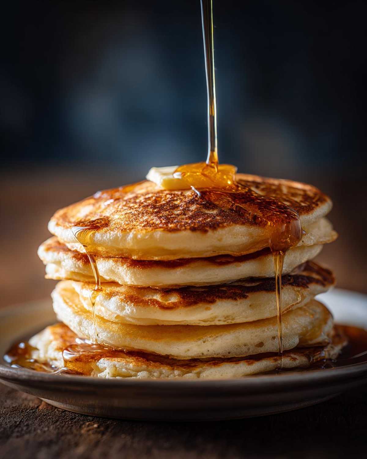 Stos puszystych pancakes amerykańskich polanych syropem klonowym i kawałkiem masła.