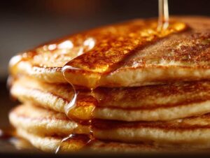 Stos puszystych pancakes amerykańskich polanych złotym syropem.