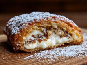Zbliżenie na przekrojonego Rogala świętomarcińskiego z kremowym nadzieniem i orzechami, posypanego cukrem pudrem.