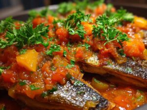 Zbliżenie na rybę po grecku, danie z rybą w sosie pomidorowo-warzywnym, ozdobione natką pietruszki.