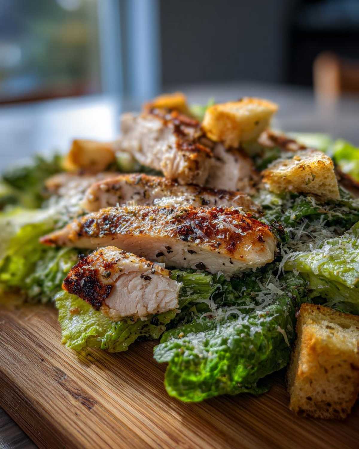 Zbliżenie na sałatkę Cezar z kurczakiem, grzankami i parmezanem na drewnianej desce.