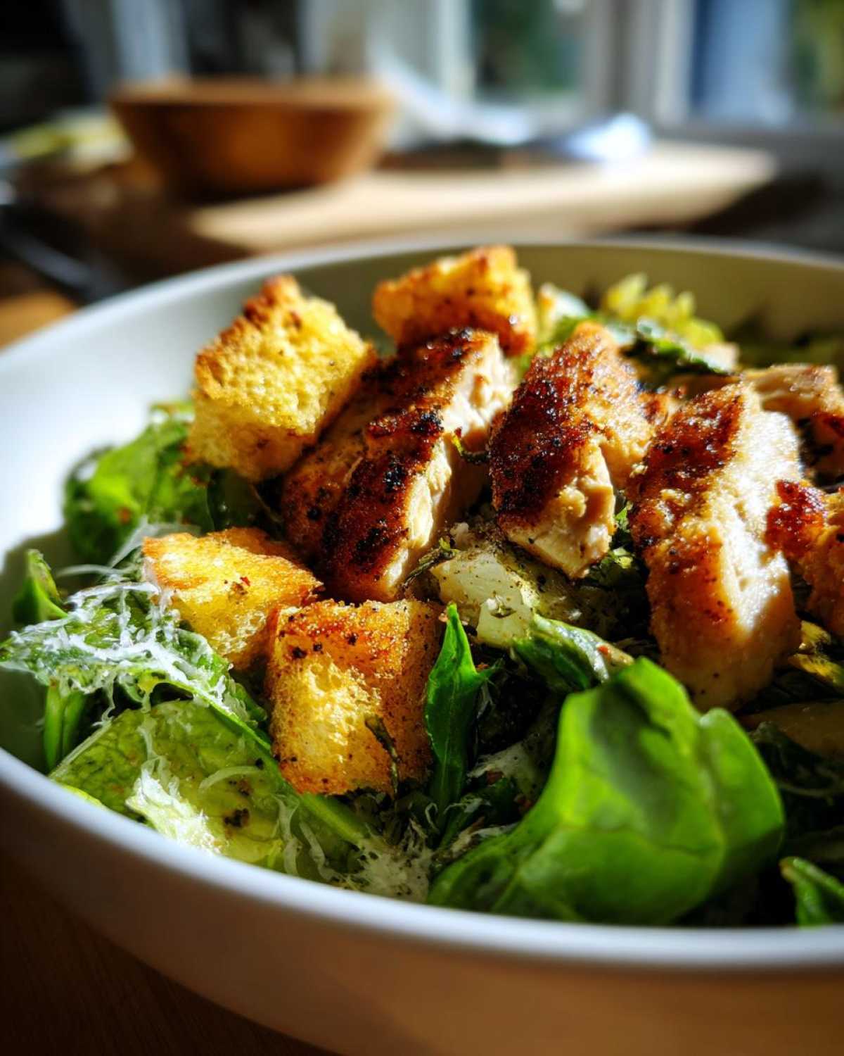 Zbliżenie na pyszną sałatkę Cezar z kurczakiem, grzankami i parmezanem.