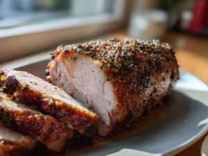 Pokrojony schab ze śliwką, pieczony z ziołami, prezentujący soczyste wnętrze i chrupiącą skórkę.