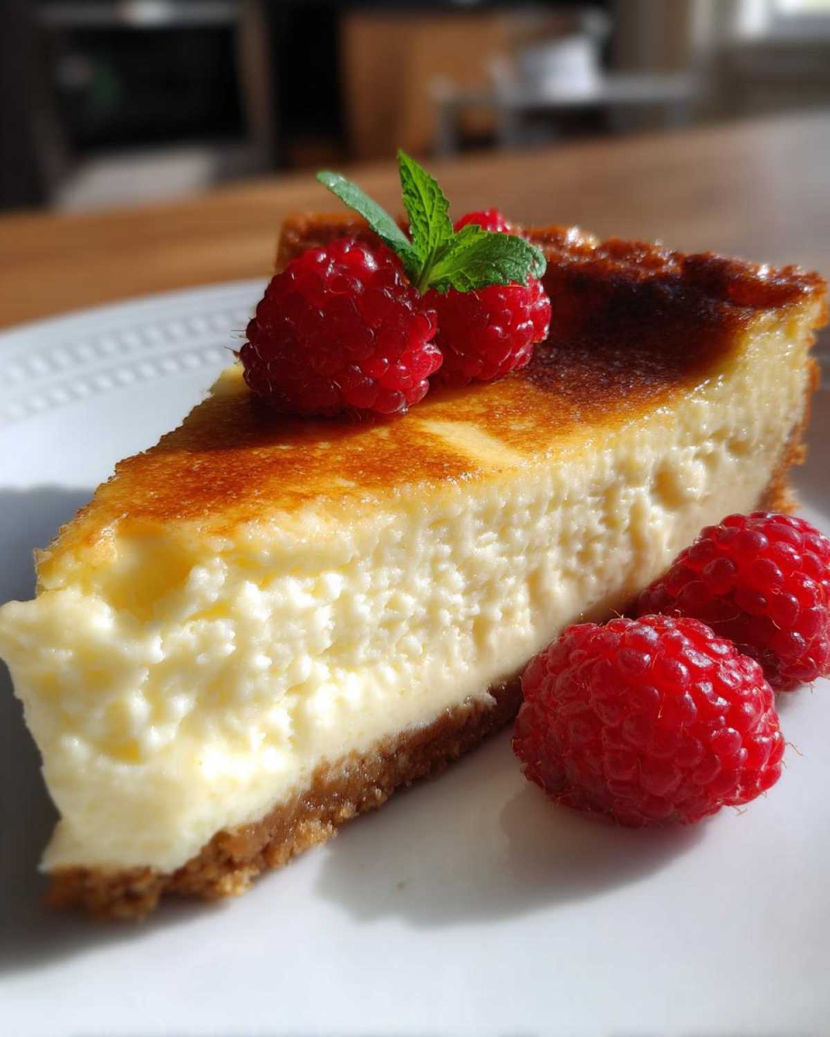 Kawałek sernika tradycyjnego (pieczonego) udekorowany malinami i miętą na białym talerzu.