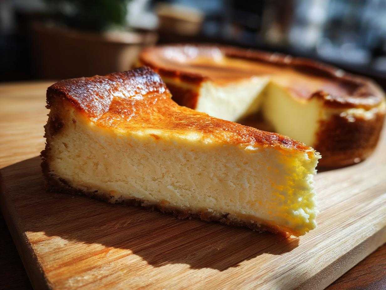 Kawałek sernika tradycyjnego (pieczonego) na desce, z widocznym całym sernikiem w tle.