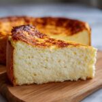Apetyczny kawałek wilgotnego sernika tradycyjnego (pieczonego) na drewnianej desce.