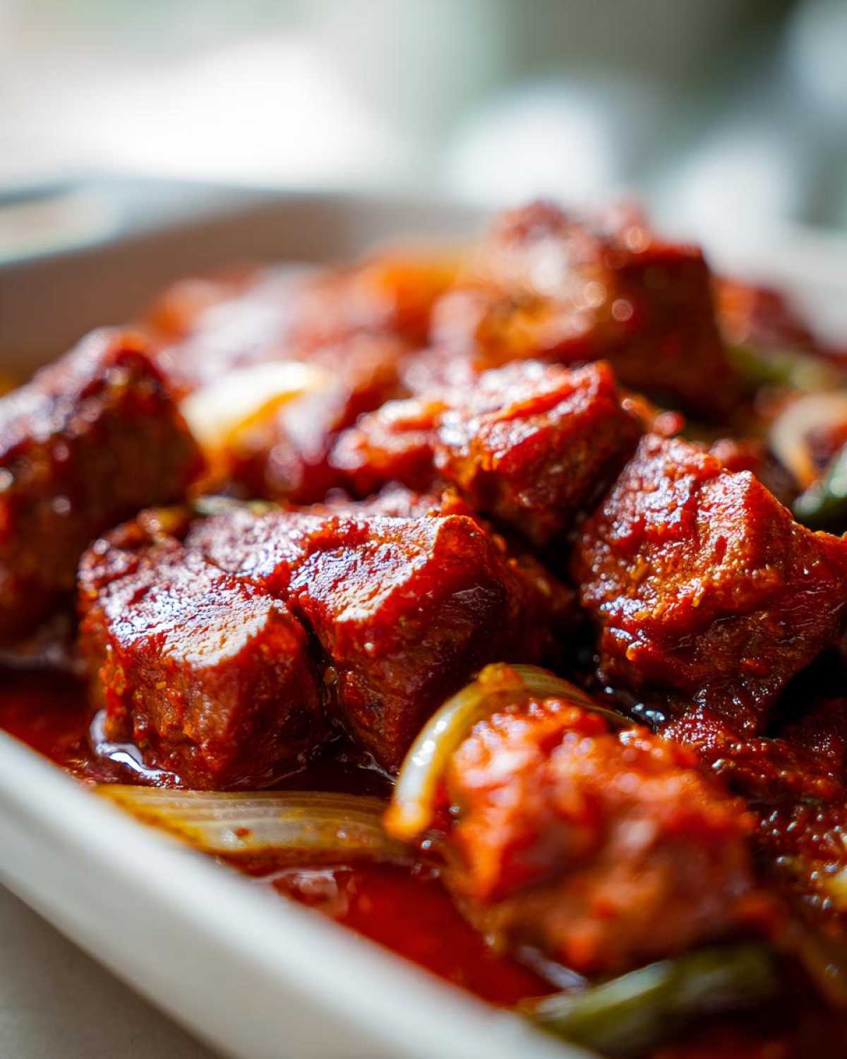 Zbliżenie na śledzie po kaszubsku w sosie pomidorowym z cebulą.