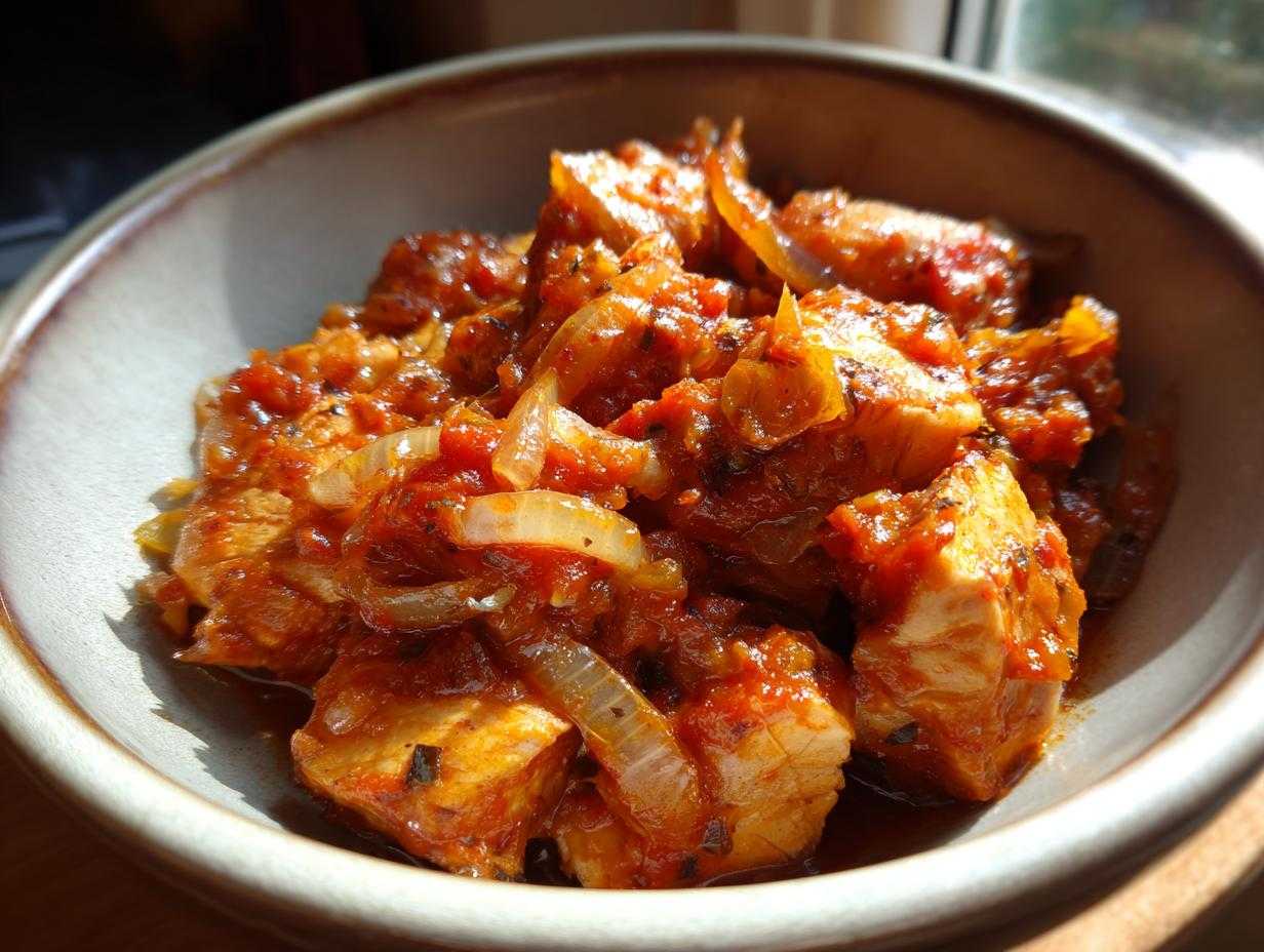 Zbliżenie na miskę pełną śledzi po kaszubsku w bogatym sosie pomidorowym z kawałkami cebuli.