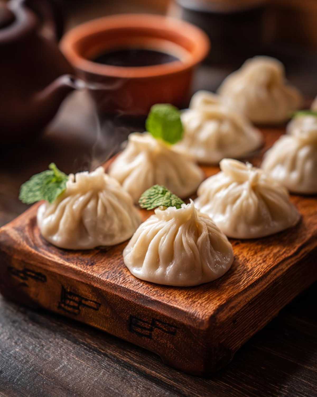 Para unosząca się nad świeżo ugotowanymi uszkami z grzybami, udekorowanymi listkami mięty, podanymi na drewnianej desce.