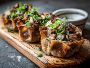 Zbliżenie na uszka z grzybami, podane na drewnianej desce, posypane szczypiorkiem.