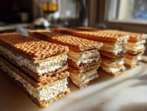 Zbliżenie na kilka gotowych wafli kajmakowych ułożonych na desce, z widocznym kremowym nadzieniem.