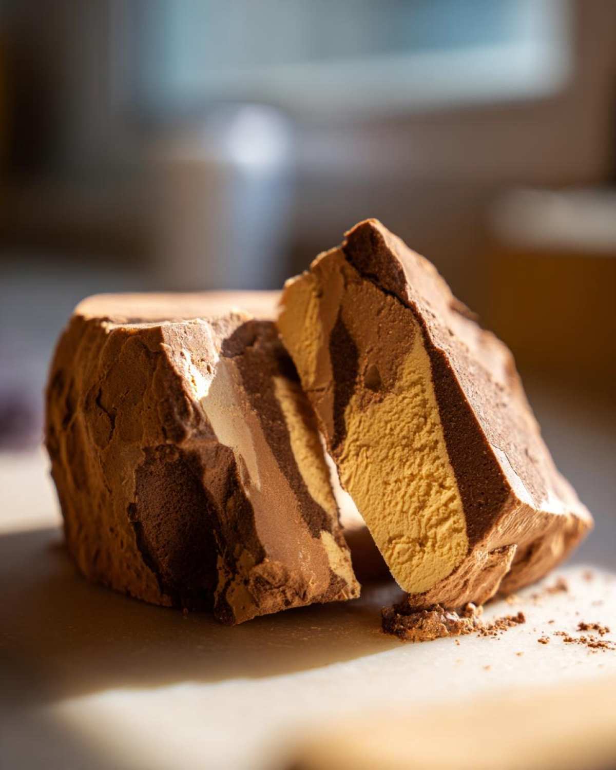 Przekrój ciasta wafle kajmakowe z warstwami czekoladowymi i kajmakowymi.