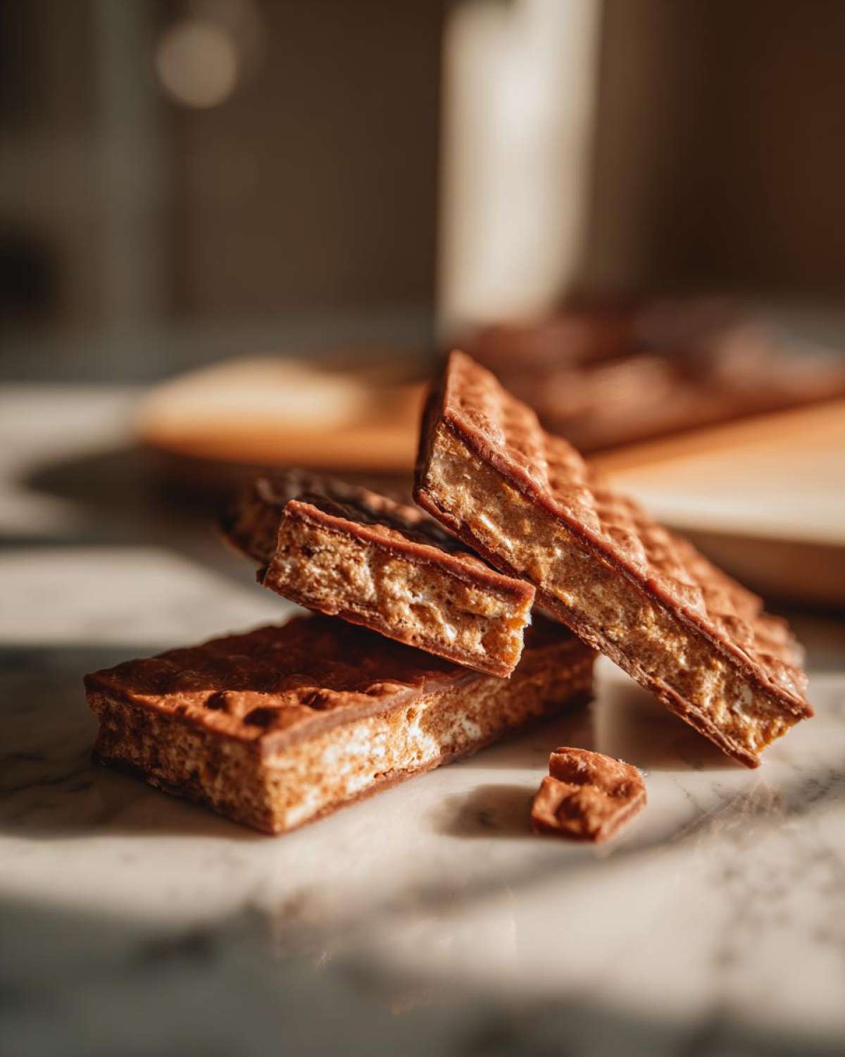 Zbliżenie na przekrojone wafle kajmakowe z kremowym nadzieniem i czekoladową polewą.