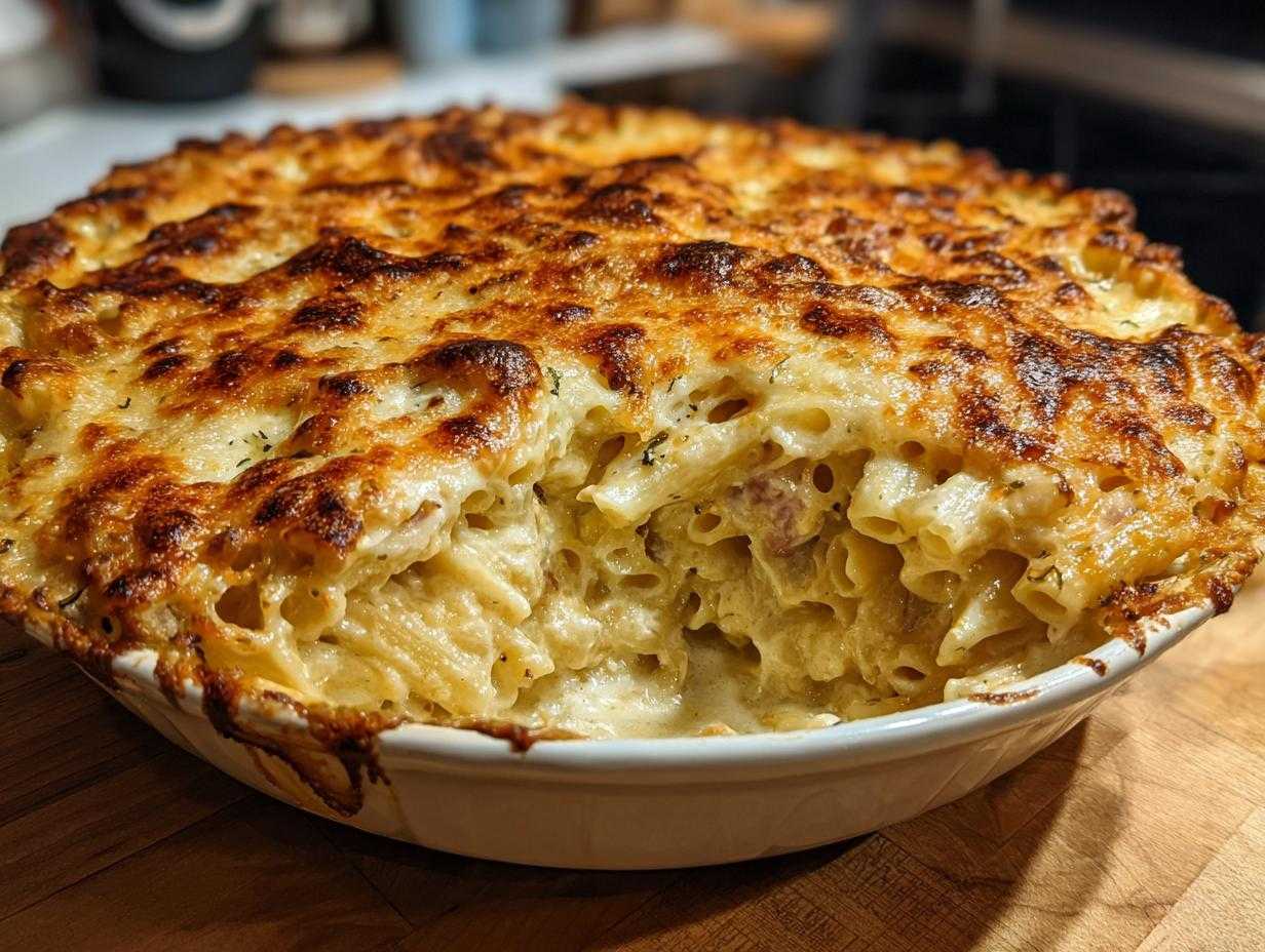 Zbliżenie na zapiekankę makaronową z szynką, ze złotą, zapieczoną skórką sera.