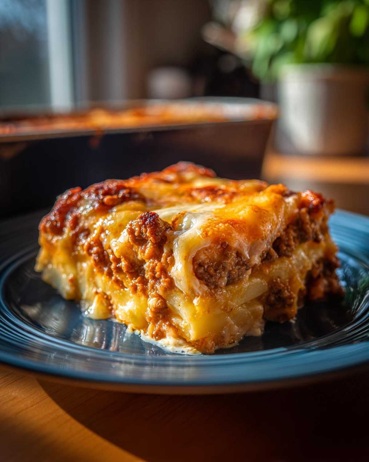 Kawałek pysznej zapiekanki ziemniaczanej z mięsem, z warstwami ziemniaków i mielonego mięsa, pokryty roztopionym serem.