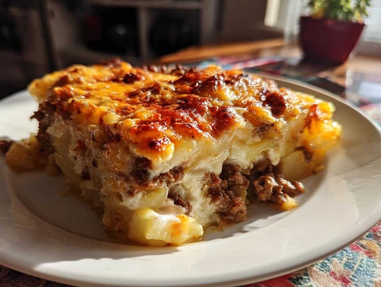 Porcja pysznej zapiekanki ziemniaczanej z mięsem, zrumienionym serem i warstwami ziemniaków.