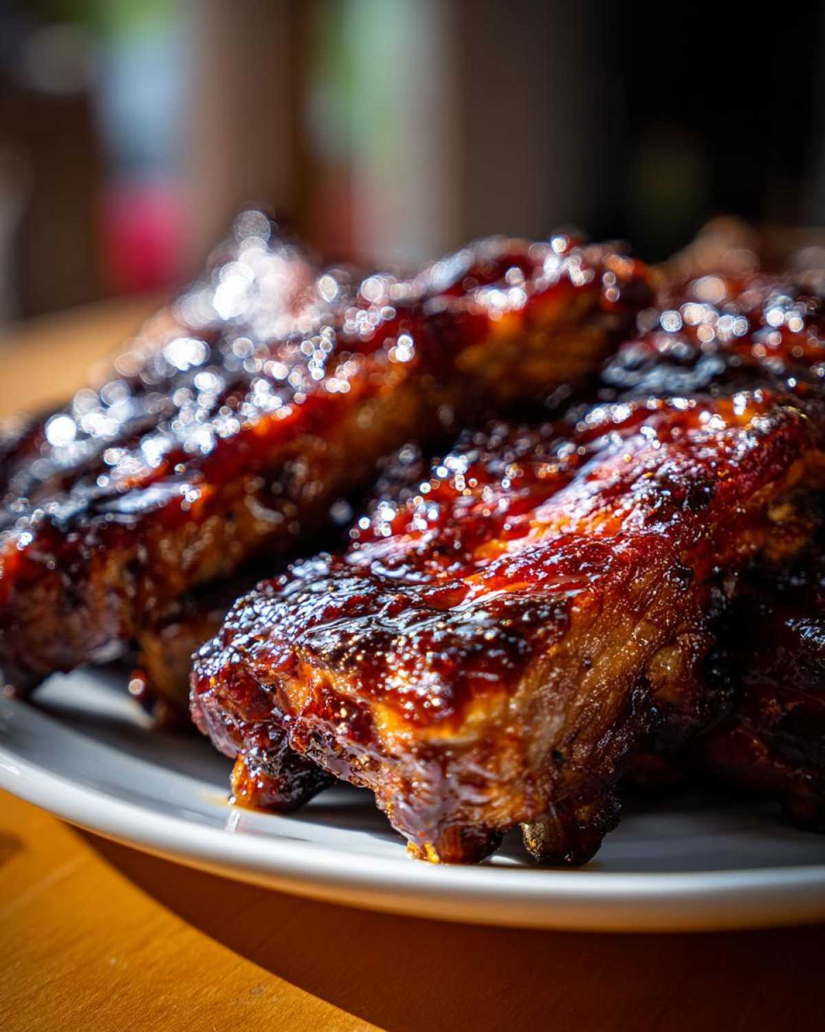 Zbliżenie na talerz z soczystymi żeberkami barbecue, polanymi gęstym, błyszczącym sosem.