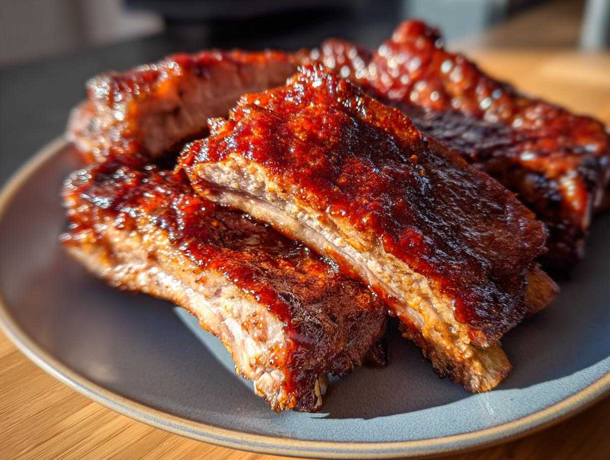 Zbliżenie na talerzu z soczystymi żeberkami barbecue, pokrytymi błyszczącym, ciemnym sosem.