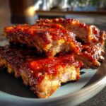 Zbliżenie na soczyste żeberka barbecue pokryte błyszczącym sosem, gotowe do podania.