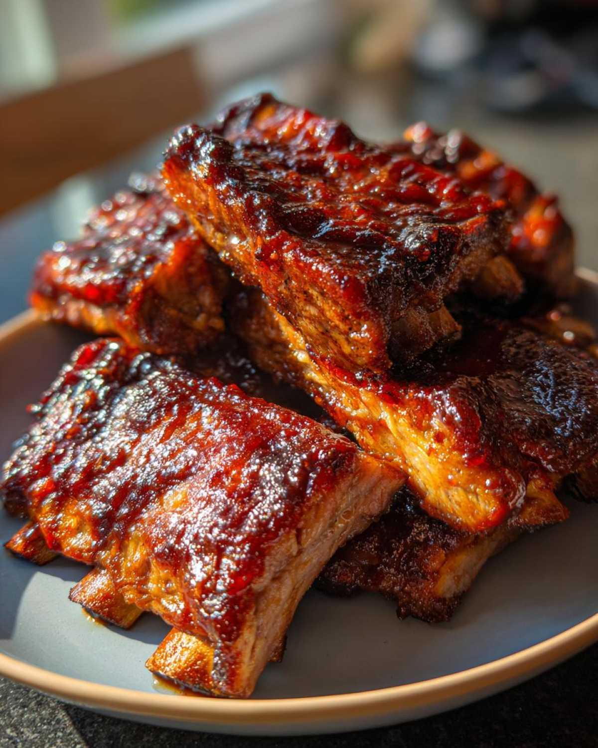 Zbliżenie na talerz z soczystymi żeberkami barbecue w błyszczącym sosie.