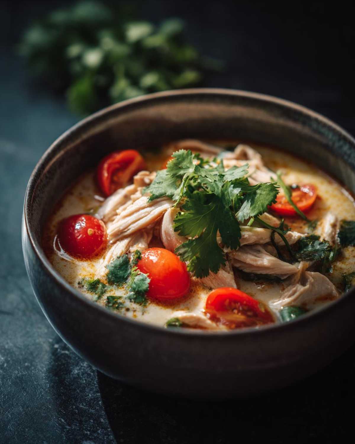 Zbliżenie na miskę zupy tajskiej z kurczakiem (Tom Kha), z kawałkami kurczaka, pomidorkami koktajlowymi i kolendrą.