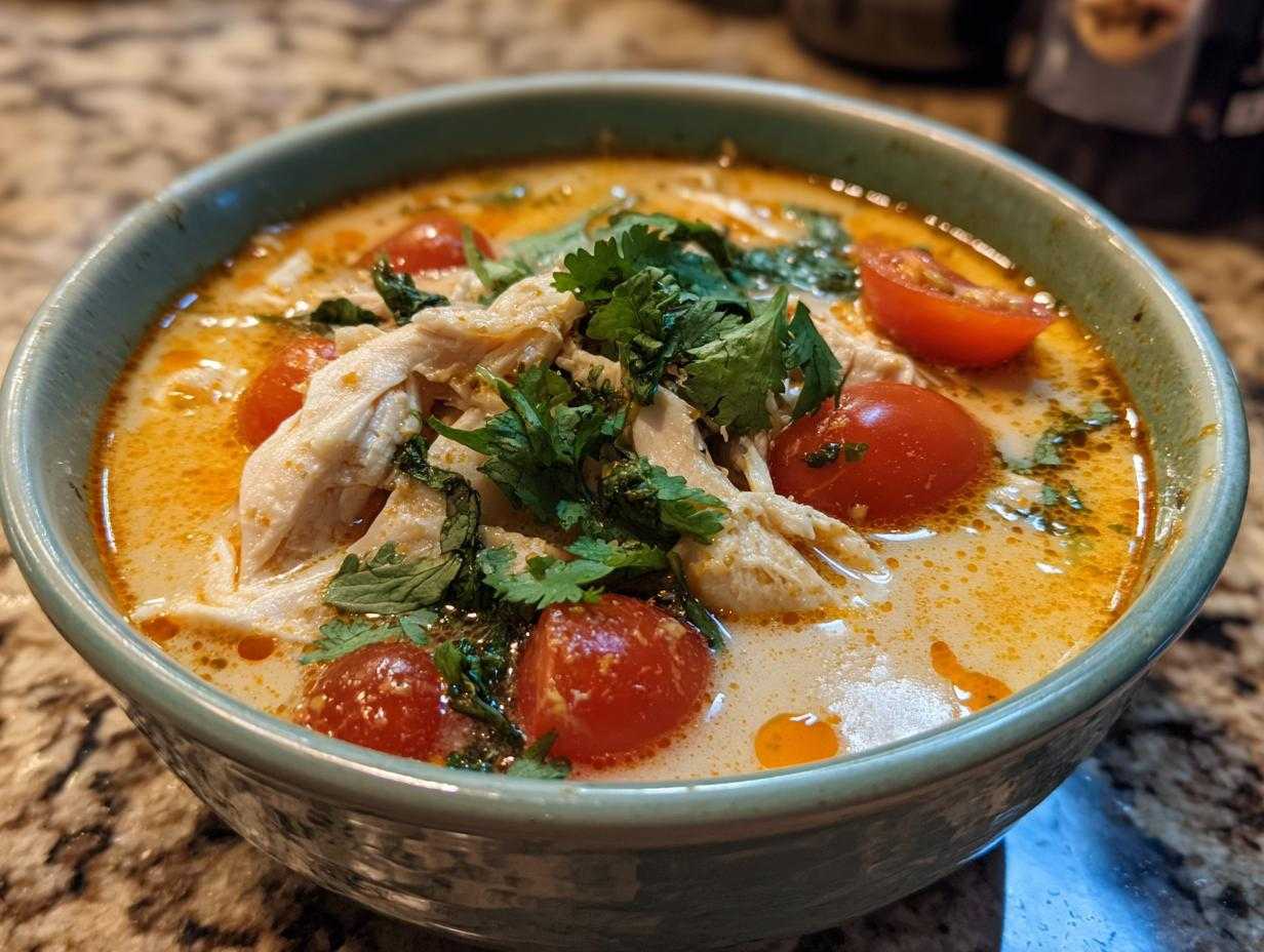 Miseczka zupy tajskiej z kurczakiem (Tom Kha) z kawałkami kurczaka, pomidorkami koktajlowymi i kolendrą.