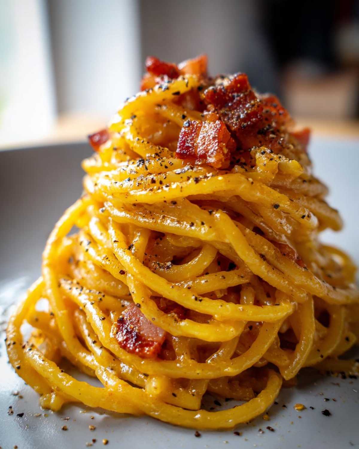 Zbliżenie na apetyczną porcję makaronu pasta carbonara, obficie posypaną czarnym pieprzem i kawałkami guanciale.