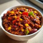 Zbliżenie na gęste, aromatyczne chili sin carne z fasolą, kukurydzą i papryką w białej misce.
