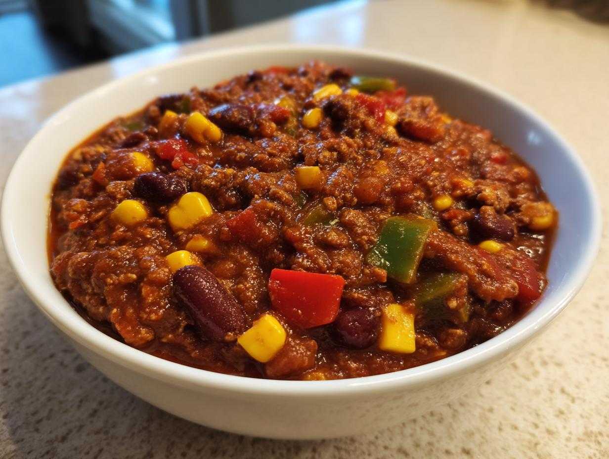 Zbliżenie na miskę pełną aromatycznego chili sin carne z fasolą, kukurydzą i papryką.