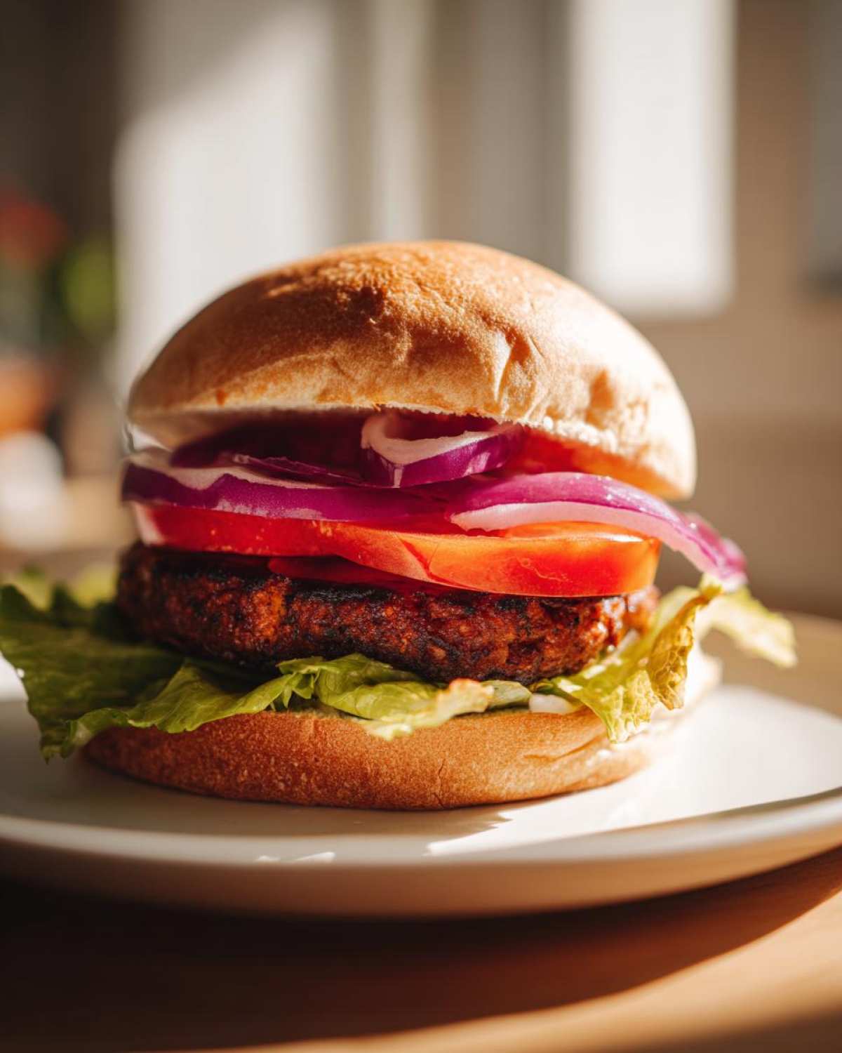 Zbliżenie na gotowy burger sojowy z chrupiącą sałatą, pomidorem, czerwoną cebulą i ciemnym kotletem.
