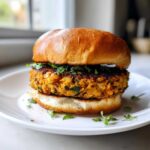 Zbliżenie na soczysty burger wegetariański z chrupiącym kotletem warzywnym w miękkiej bułce.