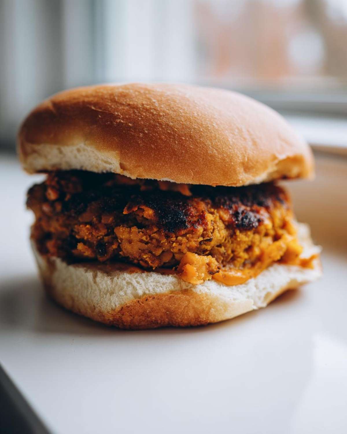 Zbliżenie na soczysty burger wegetariański z przypieczonym kotletem w miękkiej bułce.