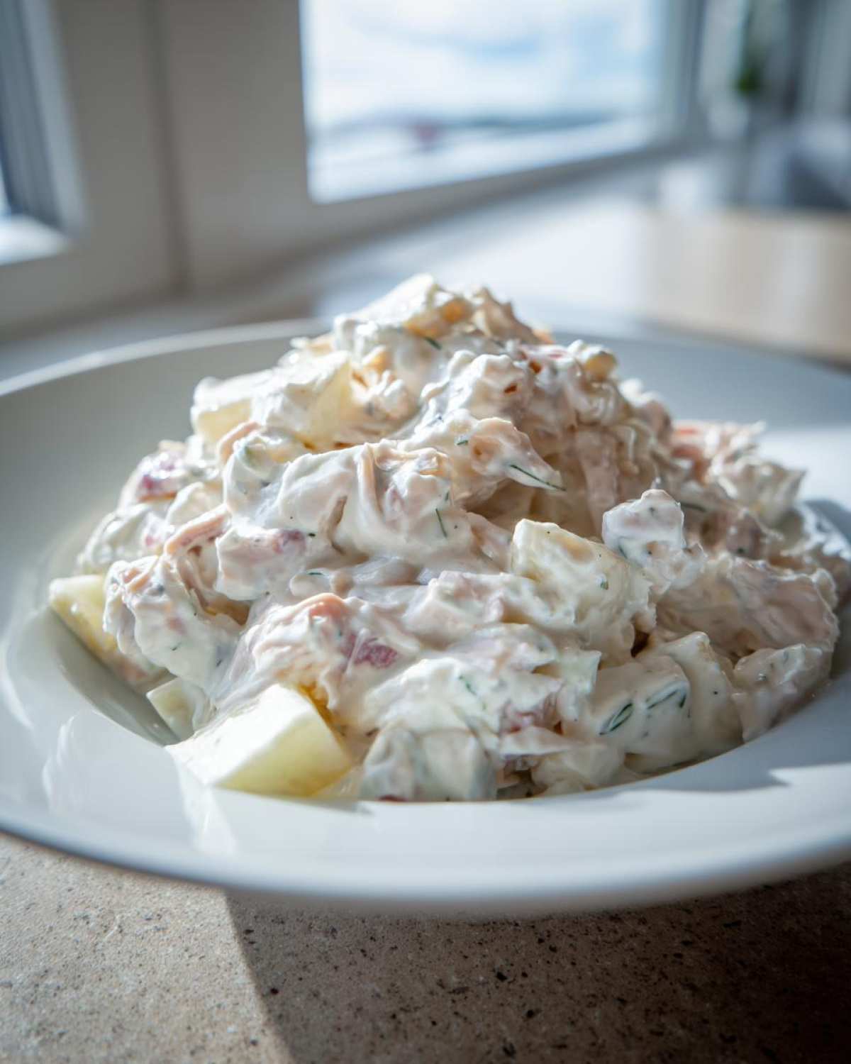 Zbliżenie na porcję śledzia w śmietanie z kawałkami ziemniaków, podaną na białym talerzu.