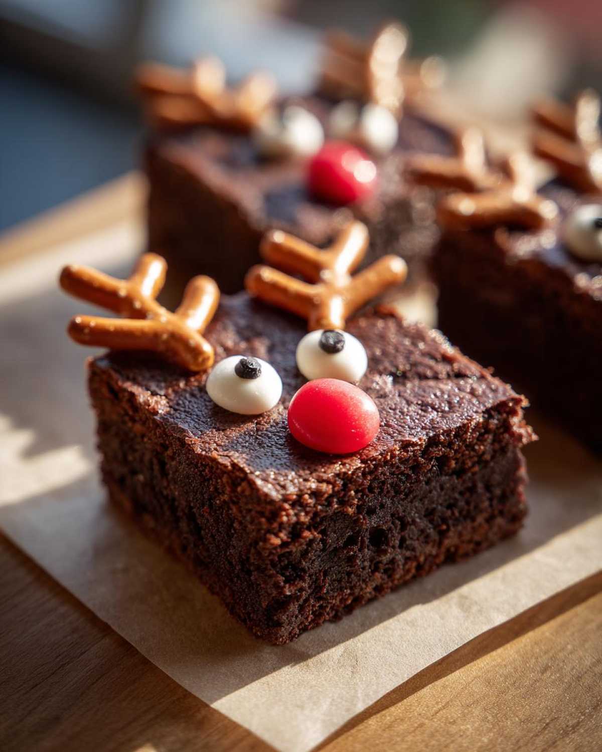 Zbliżenie na brownie reniferki ozdobione jako renifery z precelkami jako rogami i cukierkami jako oczami i nosem.
