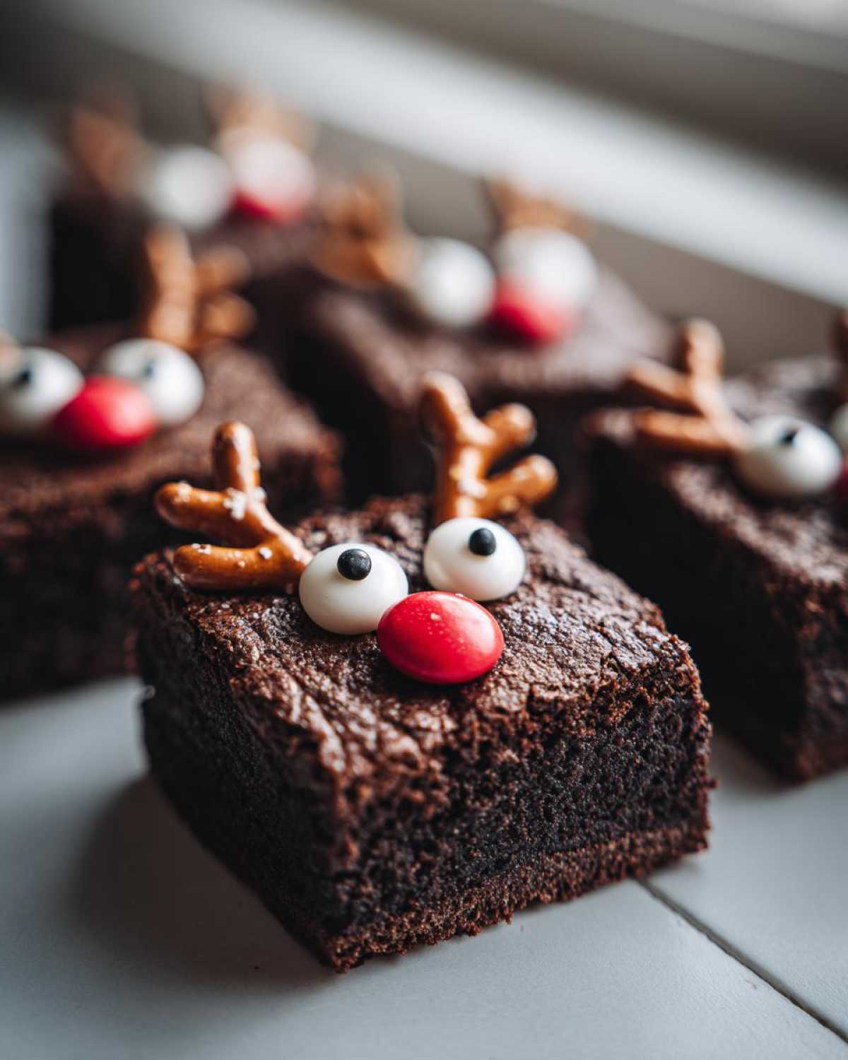 Zbliżenie na brownie reniferki z oczami z białej czekolady i czerwonym noskiem.