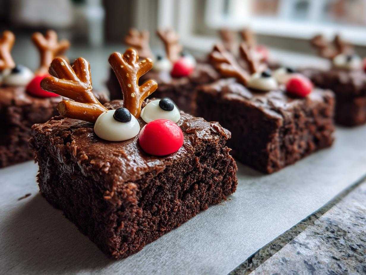 Zbliżenie na brownie reniferki ozdobione precelkami jako rogami, białymi oczkami i czerwoną kulką jako nosem.