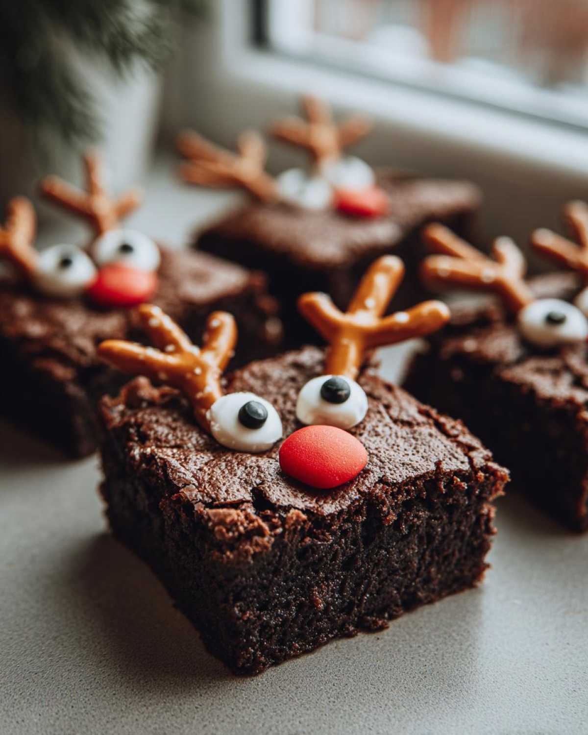 Zbliżenie na brownie reniferki z oczami z lukru i czerwonym nosem z cukierka, ozdobione precelkami jako rogami.