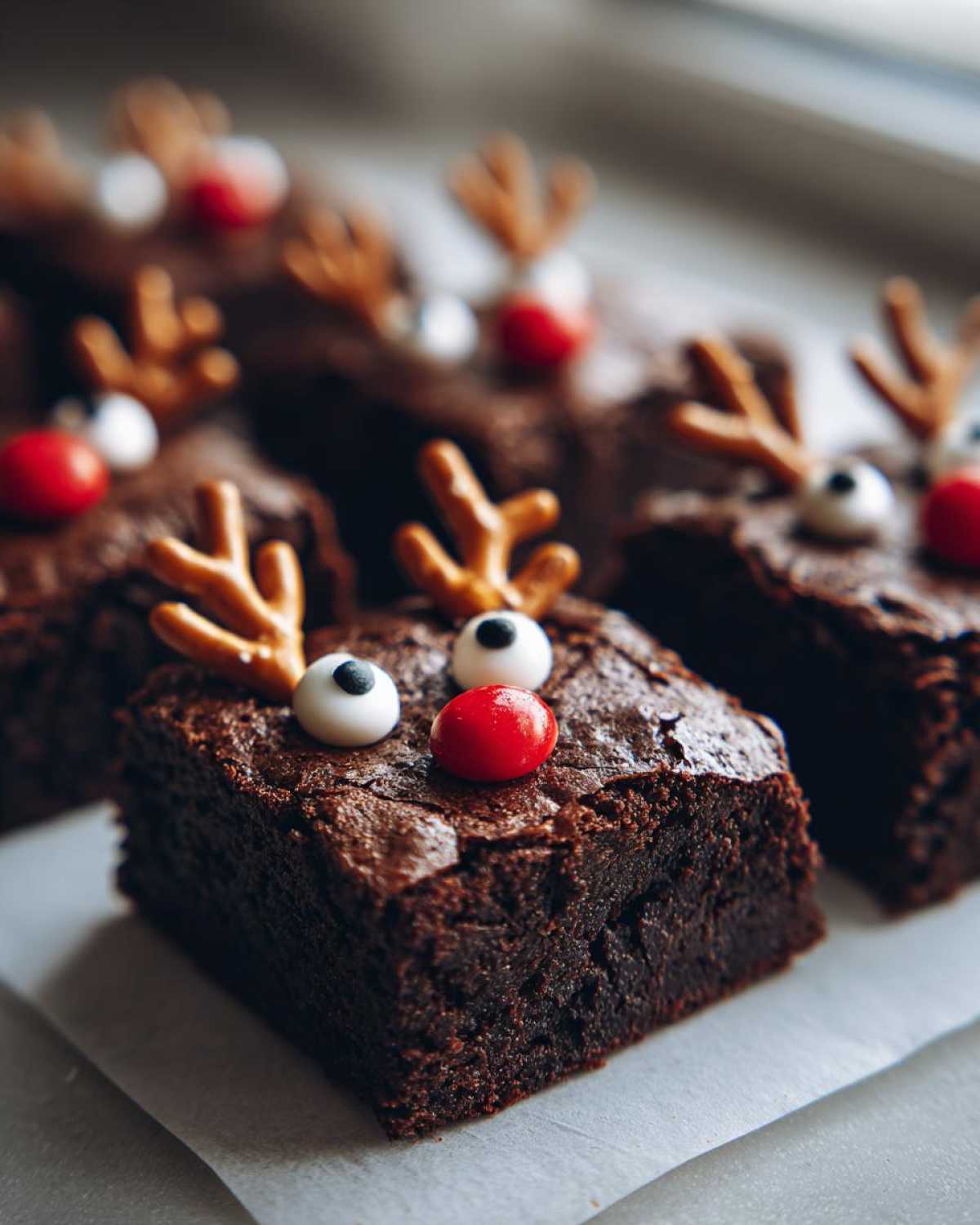Zbliżenie na brownie reniferki z oczami z cukru i czerwonym nosem, udekorowane precelkami jako rogami.