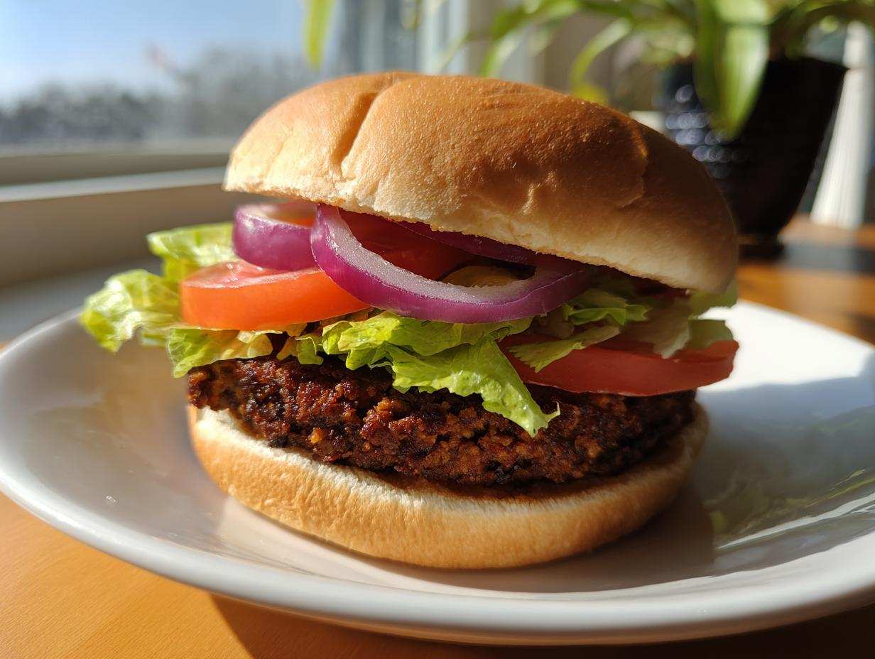 Zbliżenie na soczystego burgera sojowego w bułce z sałatą, pomidorem i czerwoną cebulą.