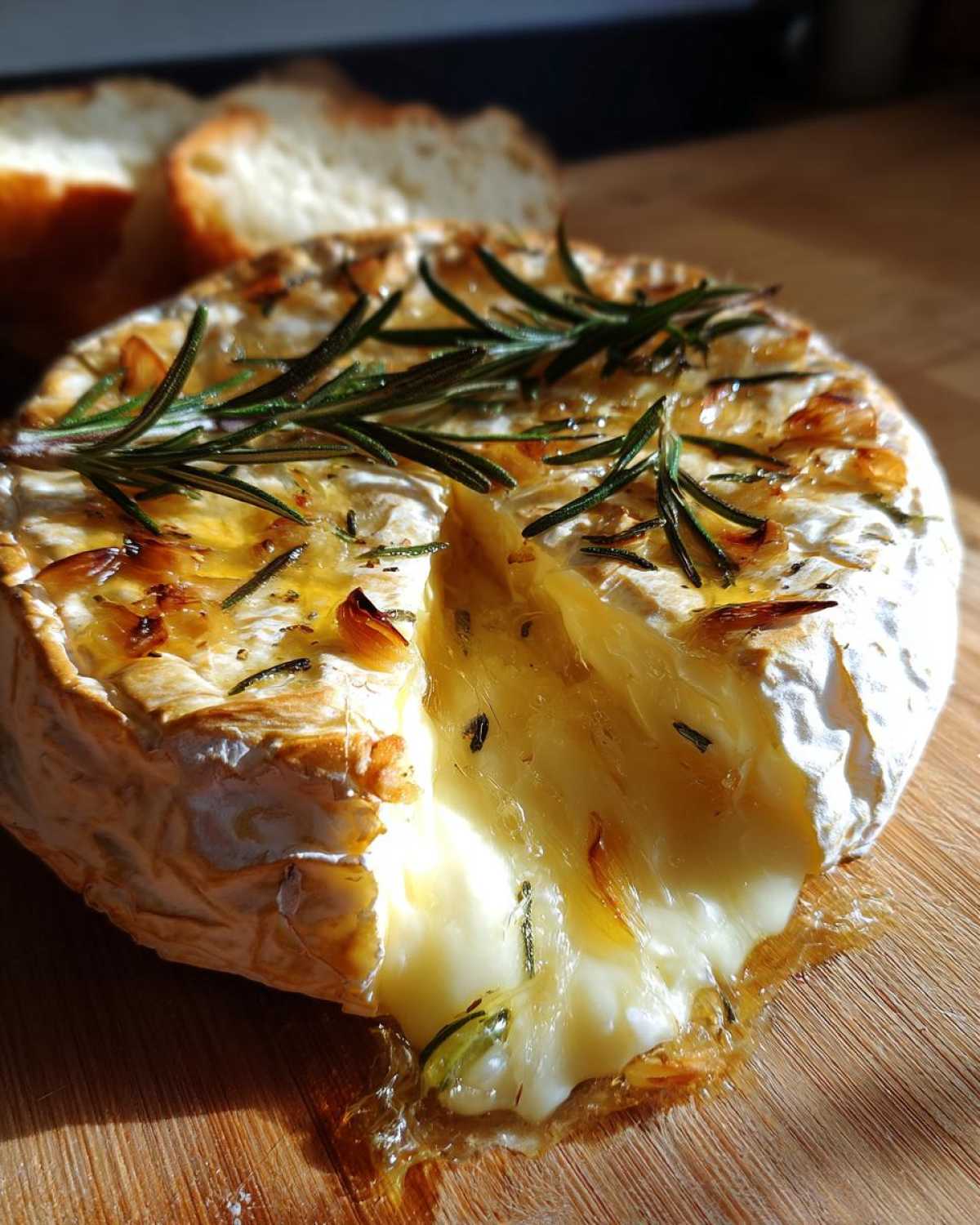 Gorący, rozpływający się Camembert pieczony z rozmarynem i czosnkiem, podany z grzankami.