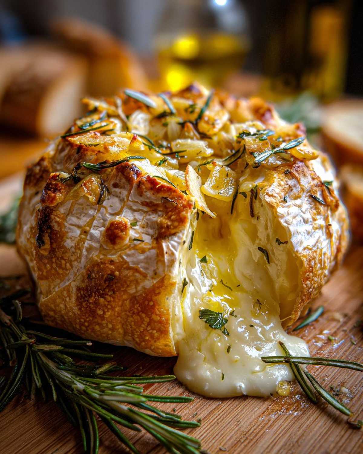 Gorący Camembert pieczony z roztopionym serem, czosnkiem i rozmarynem, podany z pieczywem.